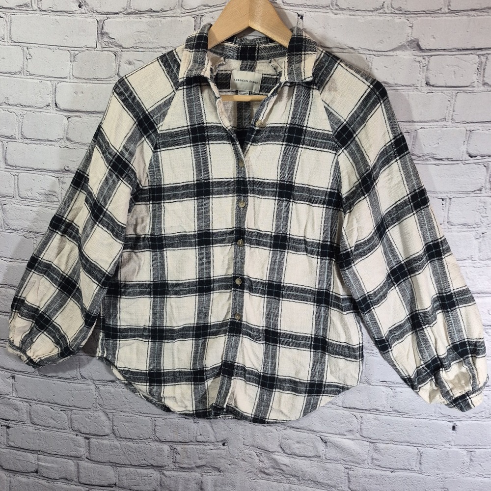 American Eagle Flannel Shirt Women XS 3/4 Sleeve Grunge Plaid Preppy